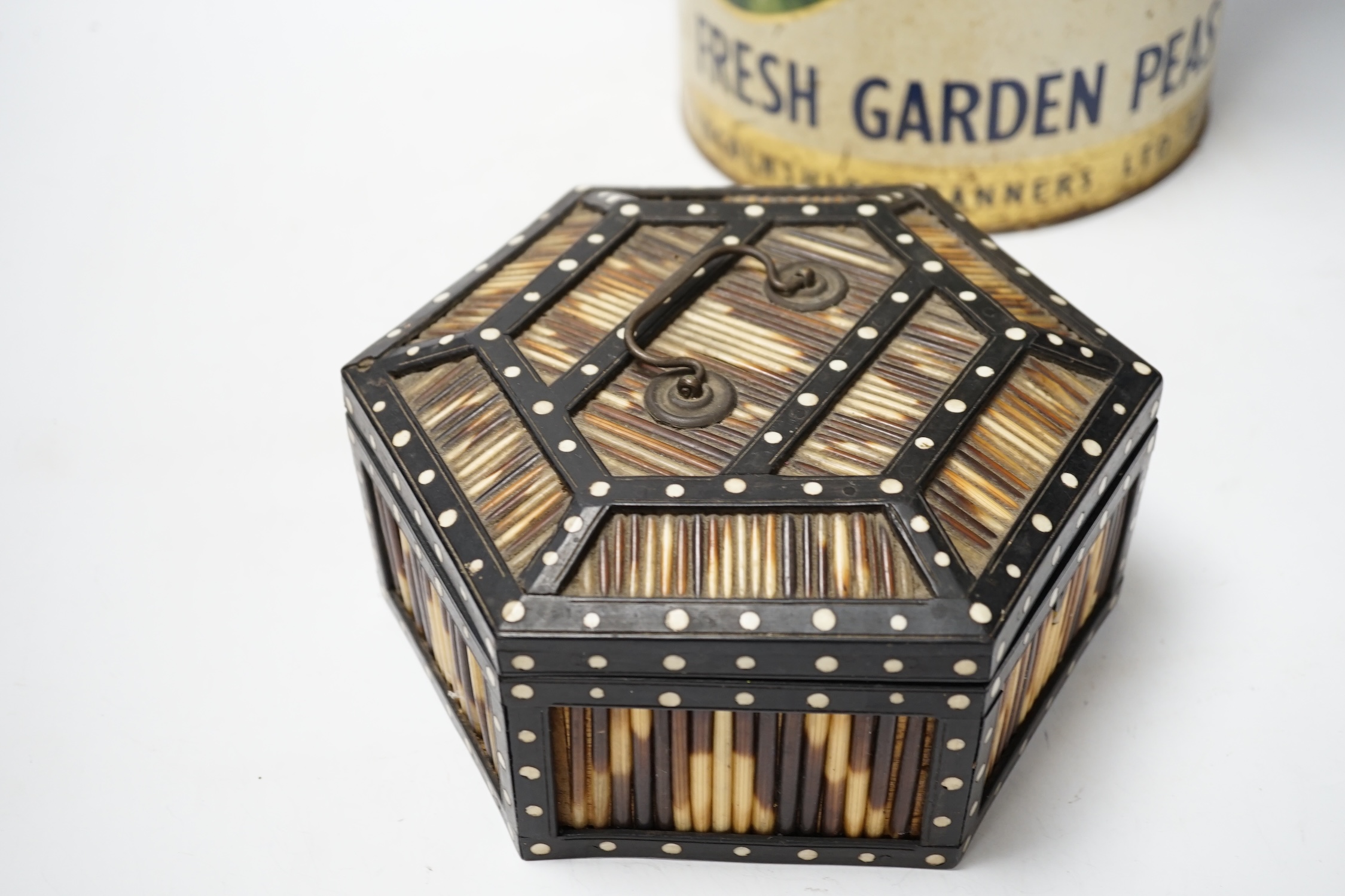 A Ceylonese porcupine quill box and a large adverting tin for Lin-Can Fresh Garden Peas, tin 37cm high